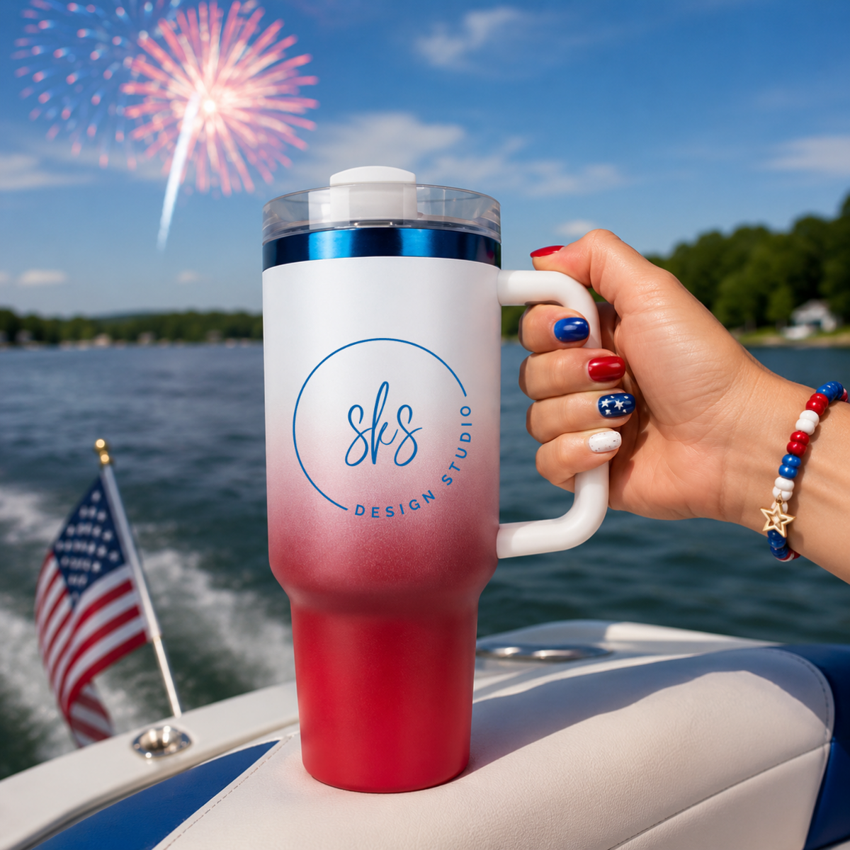 CUSTOM LOGO | ENGRAVED | 40oz Red White & Blue Stainless Steel Tumbler