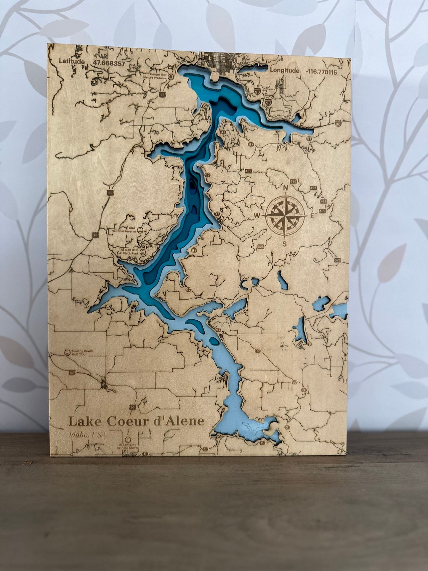 Lake Coeur d'Alene | ENGRAVED & PAINTED | Topo Map