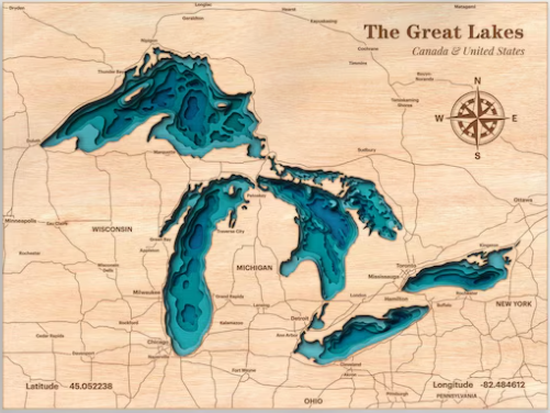 The Great Lakes | ENGRAVED & PAINTED | Topo Map