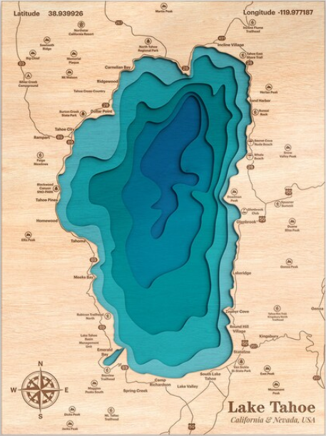 Lake Tahoe, California & Nevada | ENGRAVED & PAINTED | Topo Map