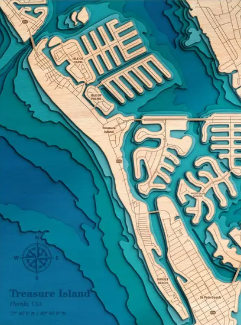 Treasure Island, Florida | ENGRAVED & PAINTED | Topo Map