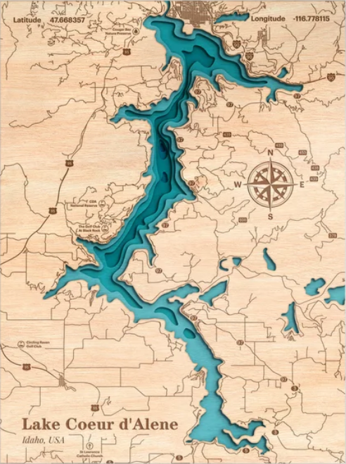 Lake Coeur d'Alene | ENGRAVED & PAINTED | Topo Map
